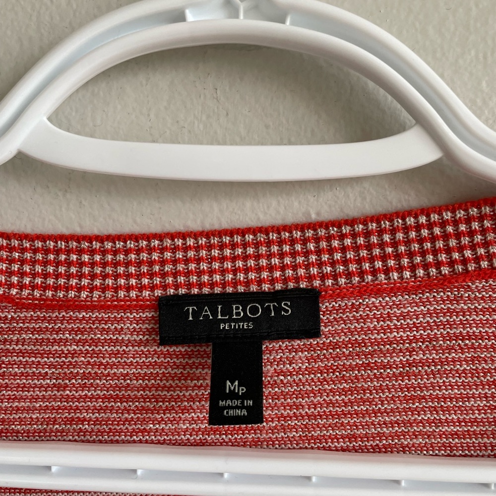 TALBOTS PETITE ORANGE CREAM METALLIC GOLD CARDIGAN BUTTON FRONT RIUND NECK - Picture 5 of 8